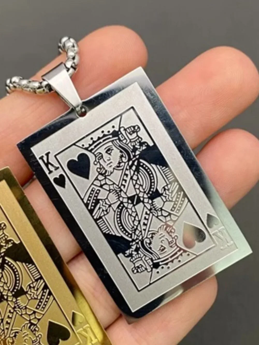 DESIGNER King of Hearts Poker Playing Card Stainless Steel Chain Men's Necklace